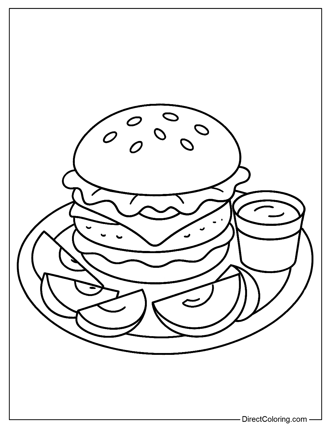a healthy hamburger coloring page with a fresh apple slice and a small cup of yogurt